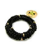 Stone Stud Jamaica Waving Flag Medal Pendant with 6mm 30" Wood Bead Color Disc Necklace, Black Wood/Gold-Tone