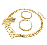 Stone Stud Crowned Queen Pendant Chain Necklace with Pincatch Hoop Earrings Jewelry Set