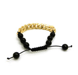 Hip Hop Rapper's Style 12mm Iced Out Cuban Link and 10mm Black Stone Bead Adjustable Knotted Bracelet, Gold-Tone, XB445G
