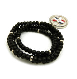 Stone Stud Dominican Republic Waving Flag Medal Pendant with 6mm 30" Wood Bead Color Disc Necklace, Black Wood/Silver-Tone