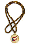 Stone Stud Puerto Rico Waving Flag Medal Pendant with 6mm 30" Wood Bead Color Disc Necklace, Brown Wood/Gold-Tone
