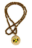 Stone Stud Jamaica Waving Flag Medal Pendant with 6mm 30" Wood Bead Color Disc Necklace, Brown Wood/Gold-Tone