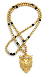 Stone Stud Crown King Lion Pendant with 6mm 30" CCB Bead Necklace, Gold-Tone