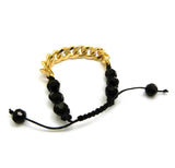 Hip Hop Rapper's Style 12mm Iced Out Cuban Link and 10mm Black Stone Bead Adjustable Knotted Bracelet, Gold-Tone, XB447G