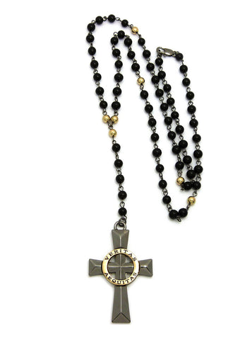 Veriteas Aequitas Cross Pendant w/ 6mm 30" Black Glass Stone Bead Necklace, Hematite-Tone - Multiple Options