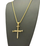 Studded Allover 3 Cross Nail Pendant w/ 2mm 24" Rope Chain Necklace in Gold-Tone
