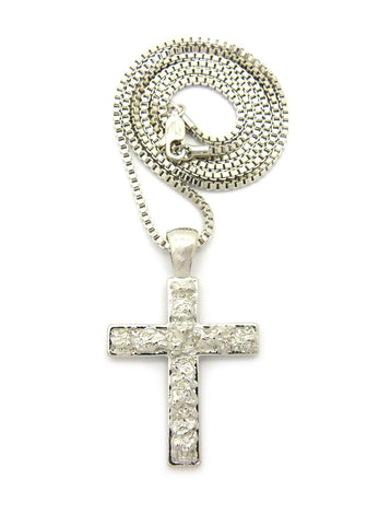 Polished Nugget Cross Pendant w/ 2mm 24" Box Chain Necklace in Silver-Tone