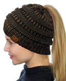 C.C BeanieTail Soft Stretch Cable Knit Messy High Bun Ponytail Beanie Hat