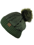 C.C Soft Quilted Puffer Detachable Faux Fur Pom Inner Lined Cuff Beanie Hat