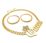 Stone Stud Crowned Queen Pendant Chain Necklace with Pincatch Hoop Earrings Jewelry Set