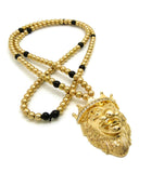 Stone Stud Crown King Lion Pendant with 6mm 30" CCB Bead Necklace, Gold-Tone