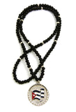 Stone Stud Cuba Waving Flag Medal Pendant with 6mm 30" Wood Bead Color Disc Necklace, Black Wood/Silver-Tone