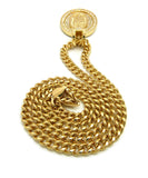 Stone Stud Oval Virgin Mary Medal Pendant with 6mm Cuban Chain in Gold-Tone, 36"