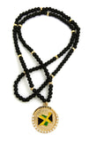 Stone Stud Jamaica Waving Flag Medal Pendant with 6mm 30" Wood Bead Color Disc Necklace, Black Wood/Gold-Tone