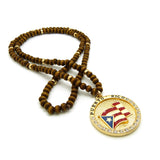 Stone Stud Puerto Rico Waving Flag Medal Pendant with 6mm 30" Wood Bead Color Disc Necklace, Brown Wood/Gold-Tone