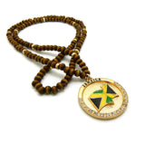 Stone Stud Jamaica Waving Flag Medal Pendant with 6mm 30" Wood Bead Color Disc Necklace, Brown Wood/Gold-Tone