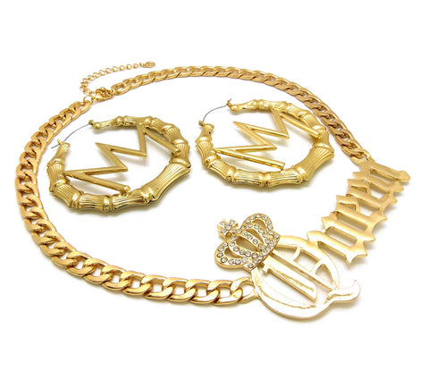 Stone Stud Crowned Queen Pendant Necklace with Crown Charm Bamboo Hoop Earrings Jewelry Set
