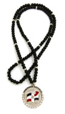 Stone Stud Dominican Republic Waving Flag Medal Pendant with 6mm 30" Wood Bead Color Disc Necklace, Black Wood/Silver-Tone