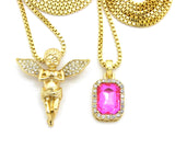 Stone Stud Extended Wing Praying Angel & Colored Gemstone Set w/ 24" & 30" Gold-Tone Box Chains