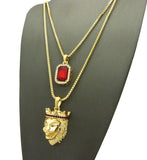 Black Stone Crown King Lion & Gemstone Pendant Set w/ Chain Necklace