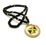 Stone Stud Jamaica Waving Flag Medal Pendant with 6mm 30" Wood Bead Color Disc Necklace, Black Wood/Gold-Tone