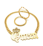 Stone Stud Crowned Queen Pendant Chain Necklace with Pincatch Hoop Earrings Jewelry Set