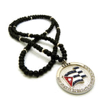 Stone Stud Cuba Waving Flag Medal Pendant with 6mm 30" Wood Bead Color Disc Necklace, Black Wood/Silver-Tone