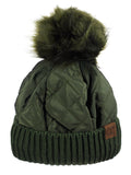 C.C Soft Quilted Puffer Detachable Faux Fur Pom Inner Lined Cuff Beanie Hat