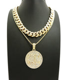 Hip Hop Rapper's Style Iced Out Cuban Chain & Stone Stud QC pendant with Box Chain Necklace Set
