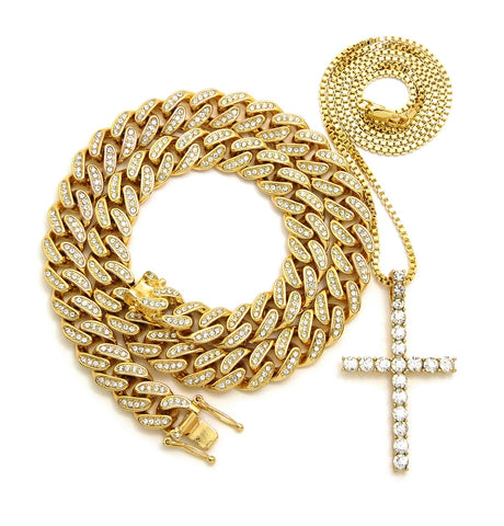 Hip Hop Rapper's Style Iced Out Cuban Chain & Stone Stud Cross pendant with Box Chain Necklace Set