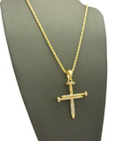Studded Allover 3 Cross Nail Pendant w/ 2mm 24" Rope Chain Necklace in Gold-Tone