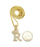 Unisex Stone Stud Tilted Crown Letter Initial Micro Pendant 2mm Box Chain Necklace, 20", R