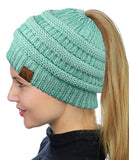 C.C BeanieTail Soft Stretch Cable Knit Messy High Bun Ponytail Beanie Hat