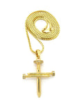 Simple Studded Reversible 3 Cross Nail Pendant w/ 2mm 24" Box Chain Necklace in Gold-Tone