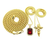 Colored Gemstone & Hip Hop Pendant Set on Box Chains with Cuban Chain in Gold-Tone