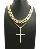 Hip Hop Rapper's Style Iced Out Cuban Chain & Stone Stud Cross pendant with Box Chain Necklace Set