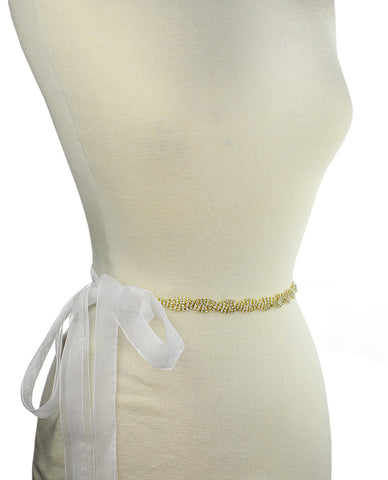 Wavy 3 Row Rhinestone Link Sash Belt with Mesh Ribbon in Gold-Tone
