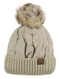 C.C Soft Quilted Puffer Detachable Faux Fur Pom Inner Lined Cuff Beanie Hat