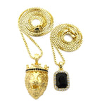 Black Stone Crown King Lion & Gemstone Pendant Set w/ Chain Necklace