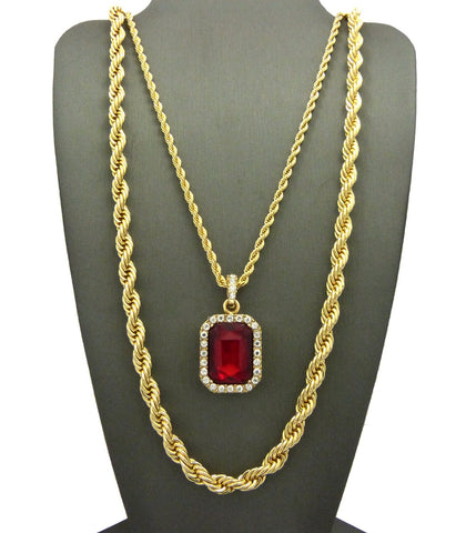 Colored Gemstone Pendant with 3mm 24" Rope Chain and 6mm 30" Rope Chain Necklace in Gold-Tone