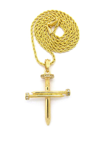 Simple Studded Reversible 3 Cross Nail Pendant w/ 2mm 24" Rope Chain Necklace in Gold-Tone