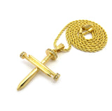 Simple Studded Reversible 3 Cross Nail Pendant w/ 2mm 24" Rope Chain Necklace in Gold-Tone