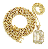 Hip Hop Rapper's Style Iced Out Cuban Chain & Stone Stud CMG pendant with Box Chain Necklace Set