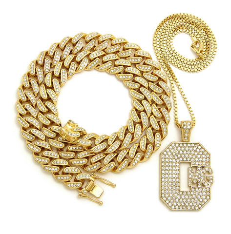 Hip Hop Rapper's Style Iced Out Cuban Chain & Stone Stud CMG pendant with Box Chain Necklace Set