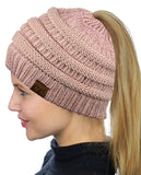C.C BeanieTail Soft Stretch Cable Knit Messy High Bun Ponytail Beanie Hat