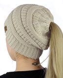 C.C BeanieTail Soft Stretch Cable Knit Messy High Bun Ponytail Beanie Hat
