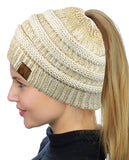 C.C BeanieTail Soft Stretch Cable Knit Messy High Bun Ponytail Beanie Hat