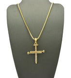 Studded Allover 3 Cross Nail Pendant w/ 2mm 24" Box Chain Necklace in Gold-Tone
