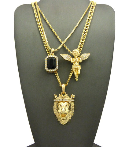 Colored Gemstone, Extended Wing Pray Angel & King Lion Pendant Set w/ Varying Gold-Tone Chain Necklaces