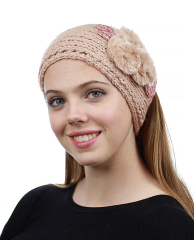 NYFASHION101 Hand Knitted Furry Flowers Winter Headband Headwrap